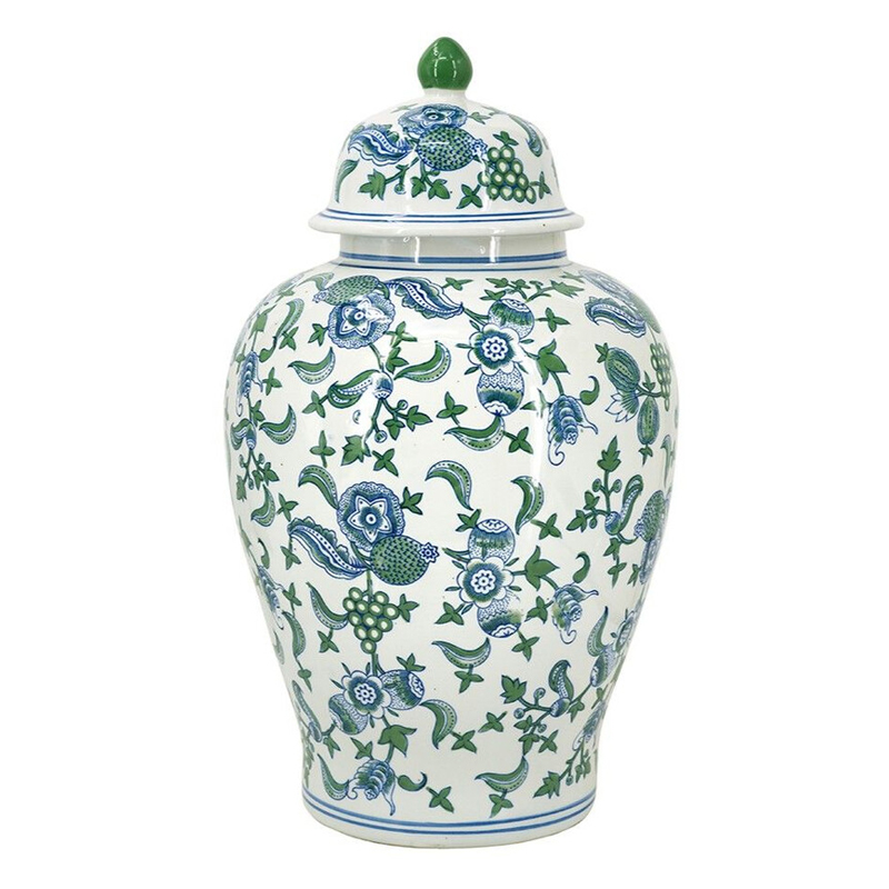 Ваза с крышкой и зелено-голубым цветочным узором на белом фоне Blue & White Ornament Белый Синий Ваза с крышкой и зелено-голубым цветочным узором на белом фоне Blue & White Ornament Белый Синий в Новосибирске | Loft Concept