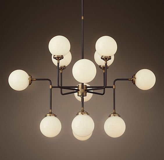 Люстра RH Bistro Globe Milk Glass 12-Light Chandelier Латунь Черный Белый в Новосибирске | Loft Concept 