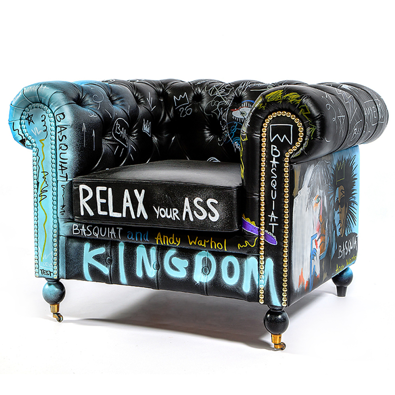 Кресло "Баския и Уорхол" Basquiat Warhol graffiti chair натуральная кожа Черный Мульти в Новосибирске | Loft Concept 