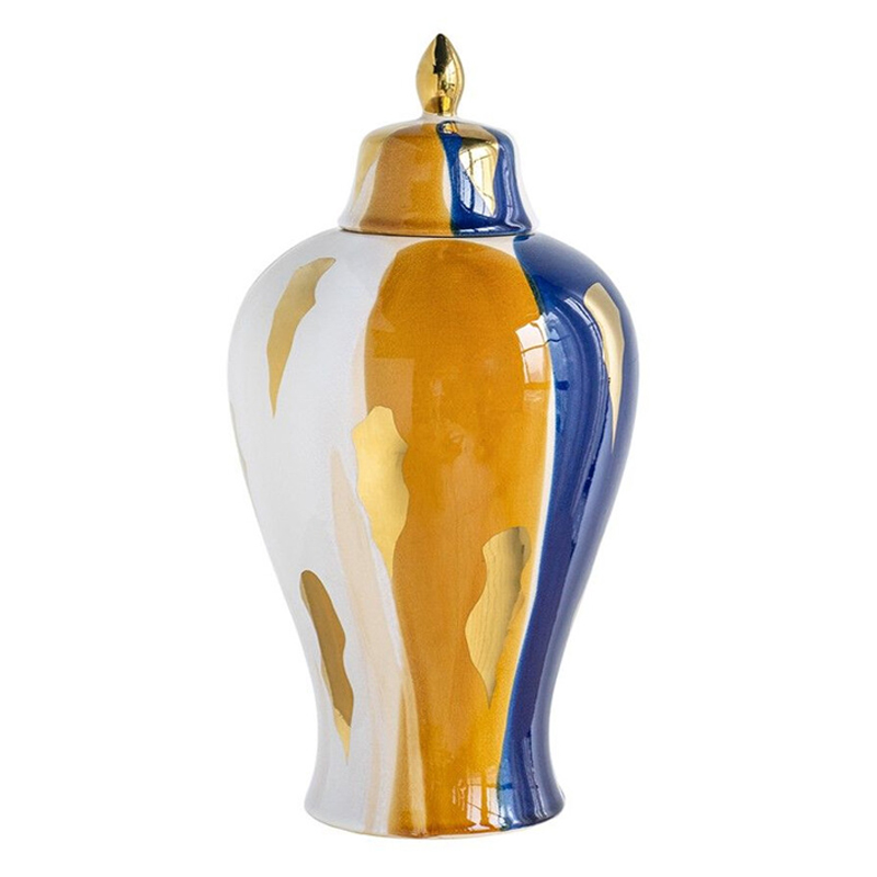 Ваза с крышкой и мазками синего и золого цвета на белом фоне Chinoiserie Ceramics Белый Оранжевый Золотой Синий Ваза с крышкой и мазками синего и золого цвета на белом фоне Chinoiserie Ceramics Белый Оранжевый Золотой Синий в Новосибирске | Loft Concept