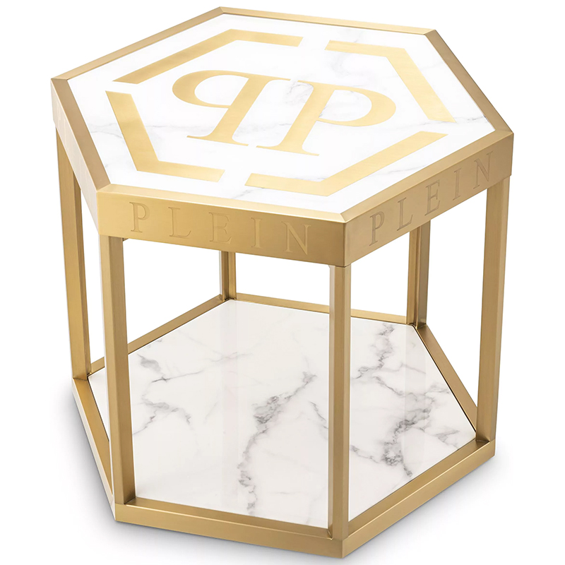 Приставной стол Philipp Plein Side Table Billionaire Золотой Белый Мрамор Bianco в Новосибирске | Loft Concept 