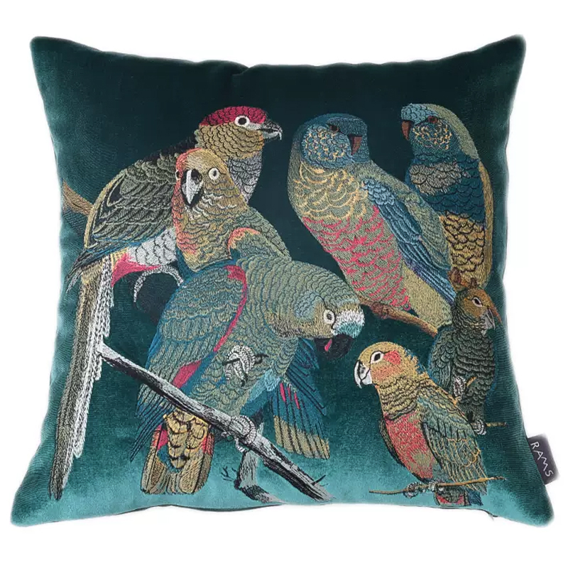 Декоративная подушка с вышивкой Embroidery Parrots Pillow Green Зеленый Мульти в Новосибирске | Loft Concept 