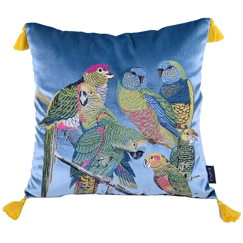 Декоративная подушка с вышивкой Embroidery Parrots Pillow Blue Голубой Мульти в Новосибирске | Loft Concept 