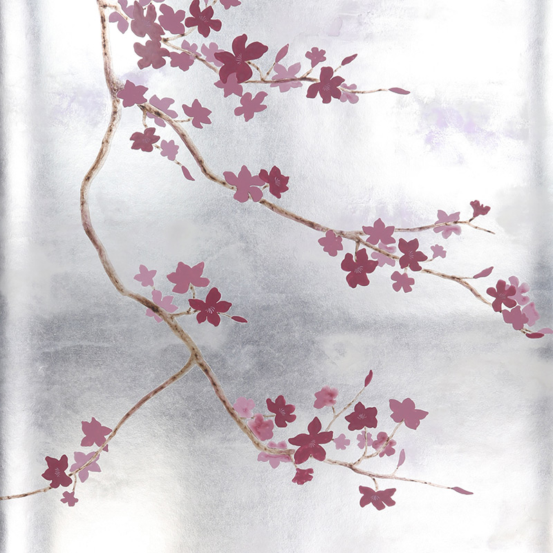 Обои ручная роспись Cherry Tree Special Colourway on Sterling Silver gilded paper  в Новосибирске | Loft Concept 