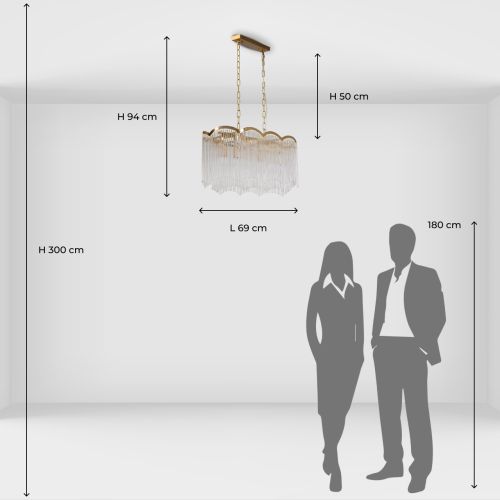 Люстра прямоугольная на цепях с прозрачными трубками и волнистым краем Nembus в Новосибирске