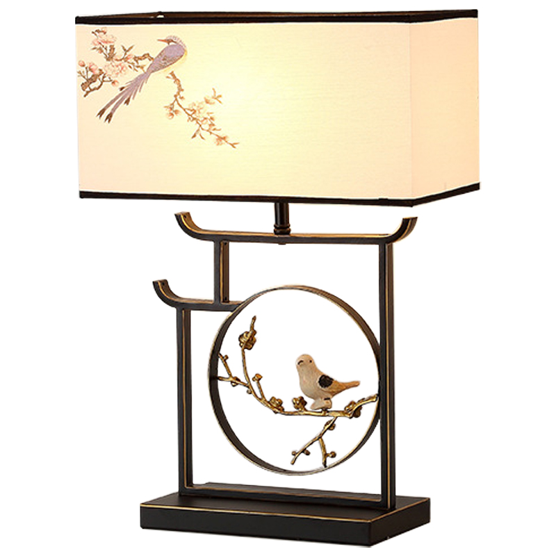 Настольная лампа с абажуром Bird Chinese Style Modern Table Lamp Черный Бежевый Золотой в Новосибирске | Loft Concept 