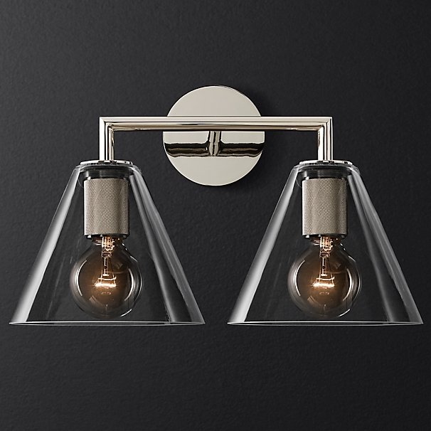 Бра RH Utilitaire Funnel Shade Double Sconce Silver Прозрачное Стекло Никель в Новосибирске | Loft Concept 