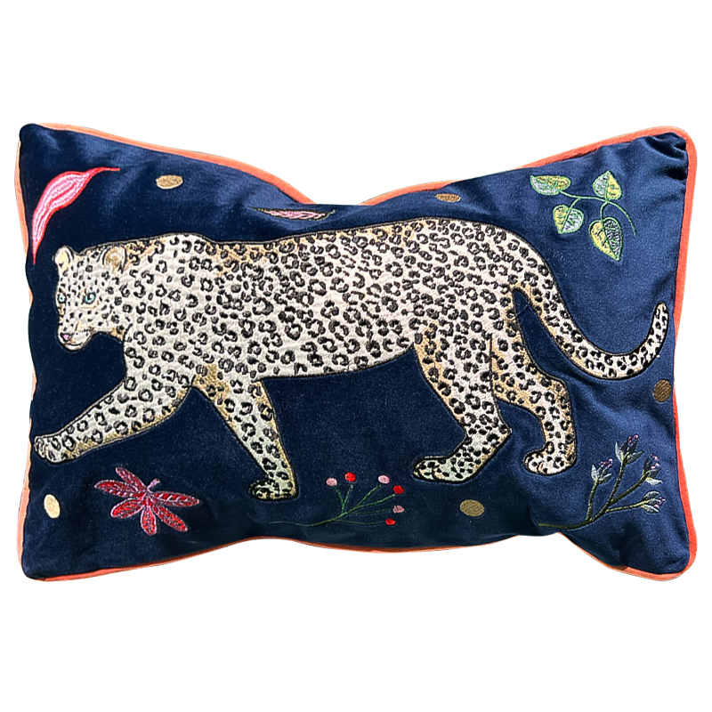 Декоративная подушка с вышивкой Panther Embroidery Cushion Темно-синий Мульти в Новосибирске | Loft Concept 