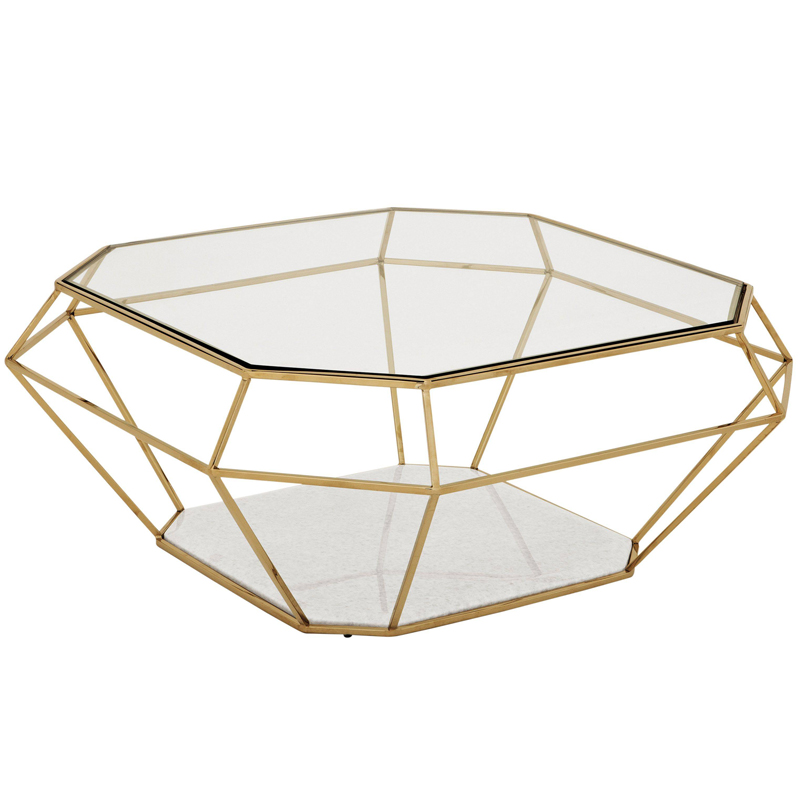 Кофейный стол Eichholtz Coffee Table Asscher Золотой Прозрачный Белый Мрамор Bianco в Новосибирске | Loft Concept 