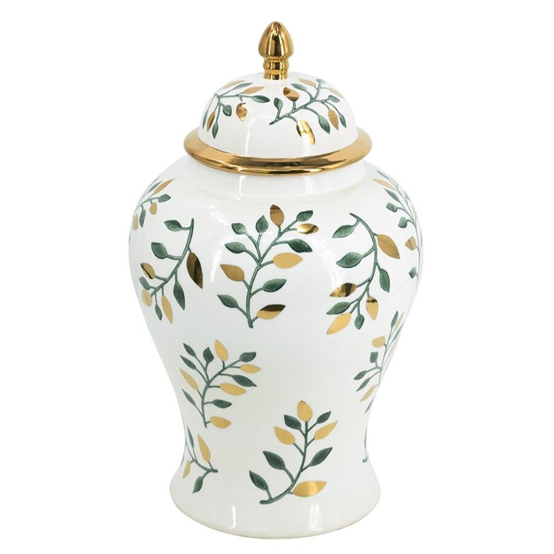 Ваза белая с крышкой с рисунком зеленых и золотых листьев 48 см Chinoiserie Ceramics Белый Зеленый Золотой Ваза белая с крышкой с рисунком зеленых и золотых листьев 48 см Chinoiserie Ceramics Белый Зеленый Золотой в Новосибирске | Loft Concept