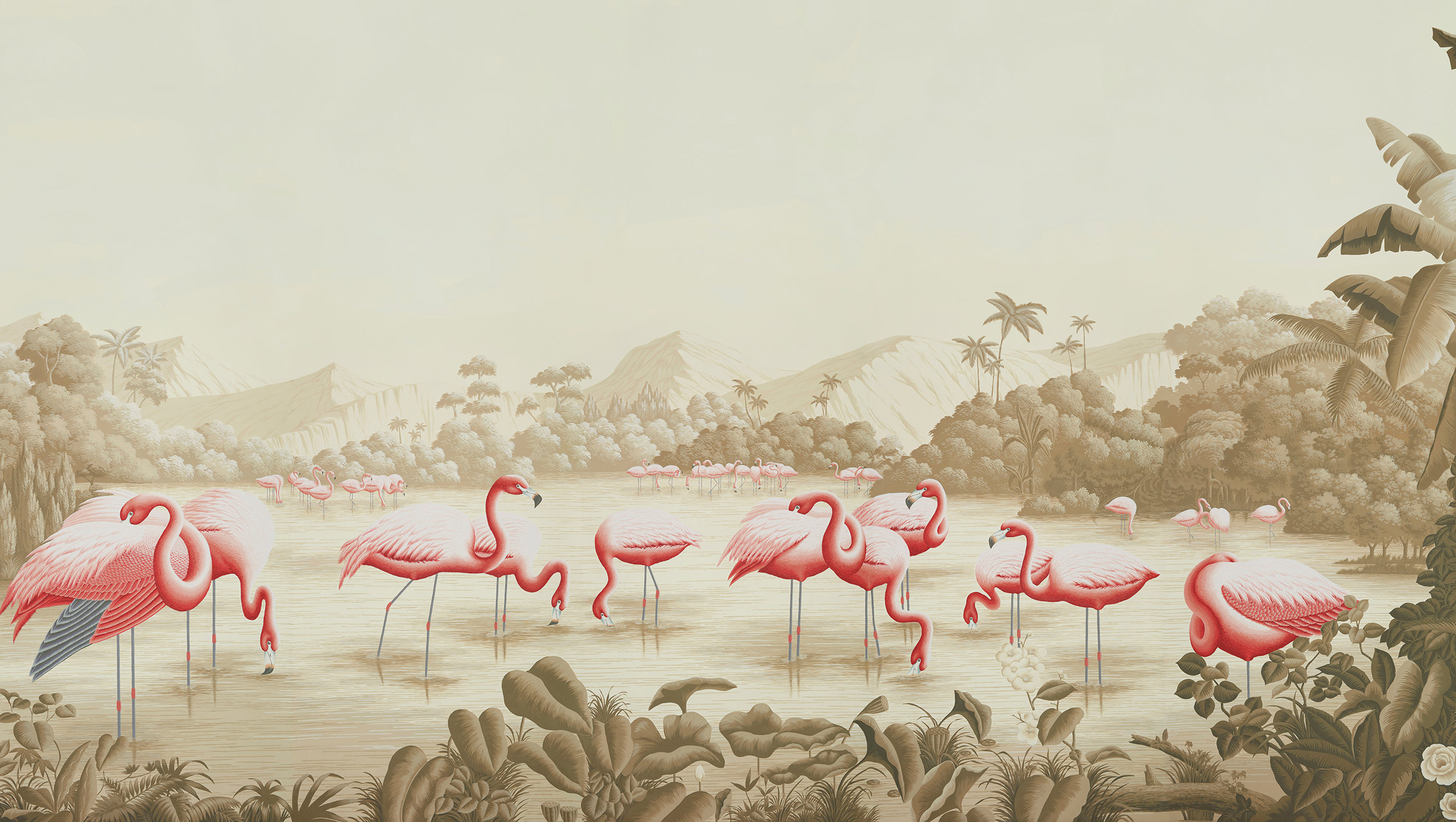 Обои ручная роспись Flamingos Flamingo on Sepia scenic paper Обои ручная роспись Flamingos Flamingo on Sepia scenic paper - постер Loft-Concept в Новосибирске