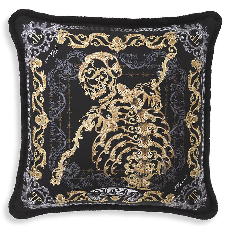 Подушка Philipp Plein Cushion Silk Skeleton 70 x 70 cm Черный Золотой Серый в Новосибирске | Loft Concept 