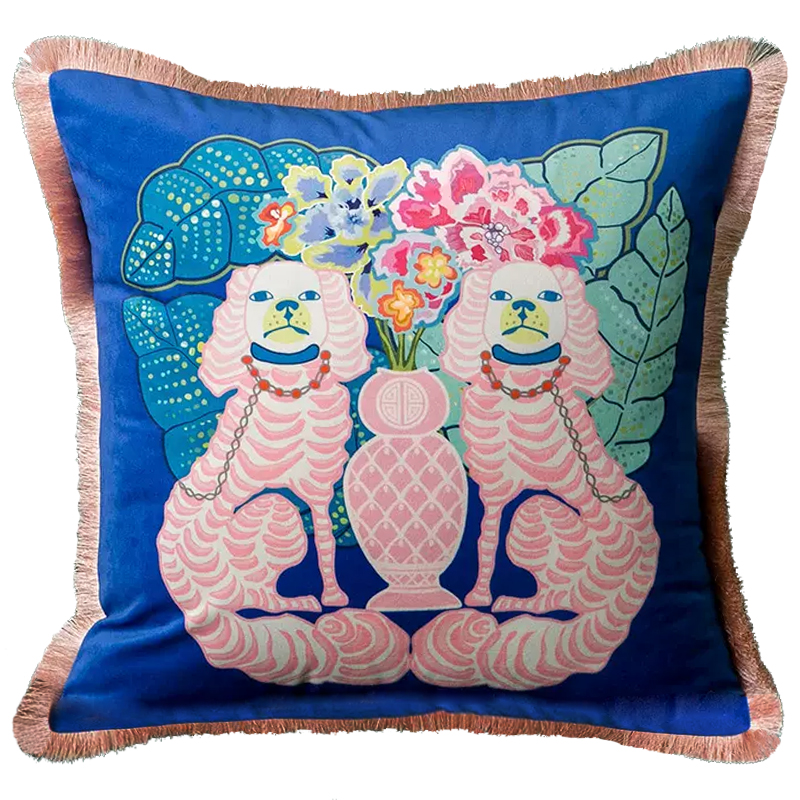 Декоративная подушка Two Pink Dogs on Blue Cushion Синий Розовый Мульти в Новосибирске | Loft Concept 