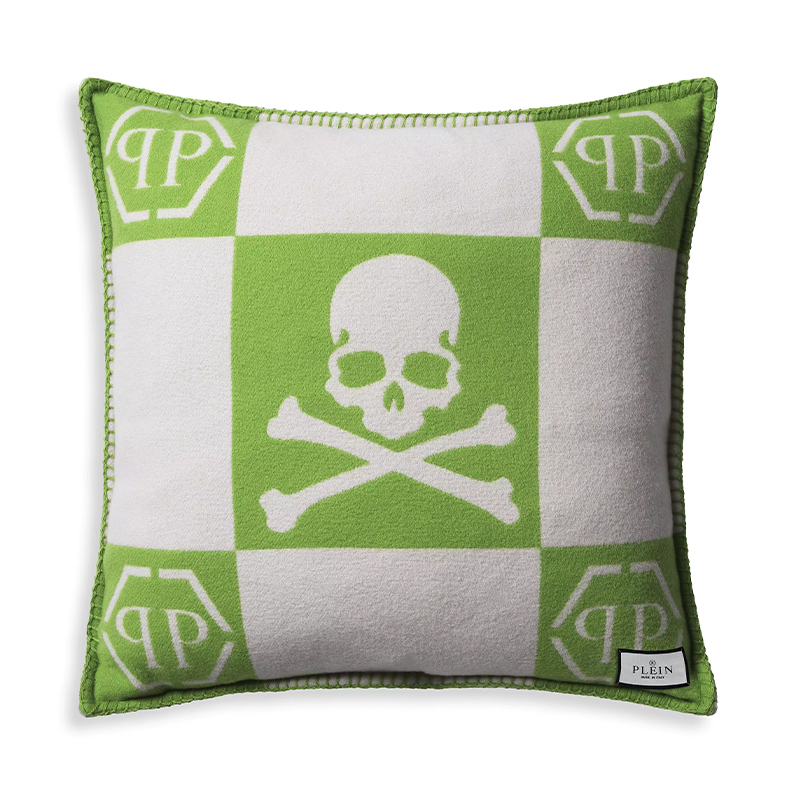 Подушка Philipp Plein Cushion Cashmere Skull 45 x 45 Green Зеленый Белый в Новосибирске | Loft Concept 