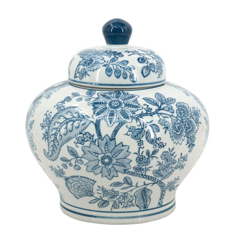 Ваза с крышкой и синим узором в виде цветов и листьев Blue & White Ornament Белый Синий Ваза с крышкой и синим узором в виде цветов и листьев Blue & White Ornament Белый Синий в Новосибирске | Loft Concept