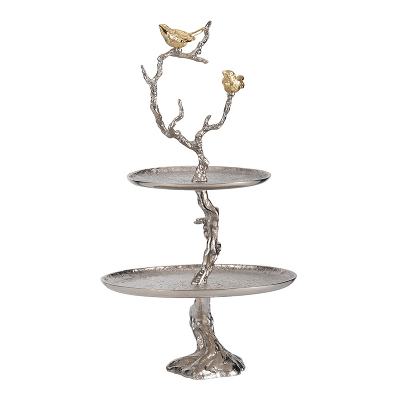 Блюдо двухъярусное Birds on Branches silver Сатиновое Серебро  Золотой в Новосибирске | Loft Concept 