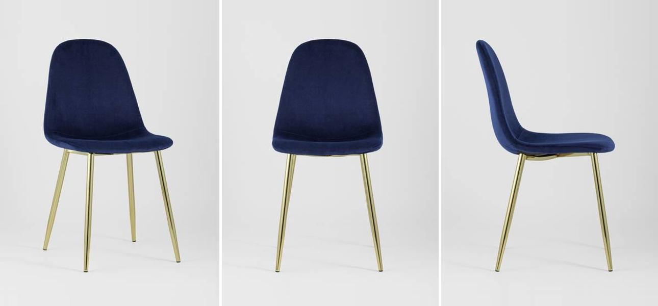 Стул Archie Chair Темно-Синий Велюр Золотые ножки - фото