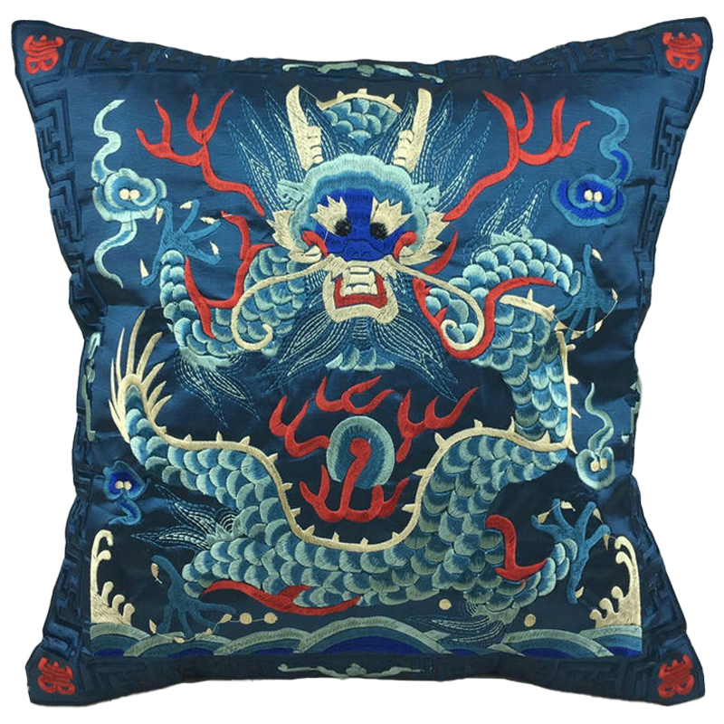 Декоративная подушка с вышивкой Chinese Dragon Blue Мульти Синий в Новосибирске | Loft Concept 