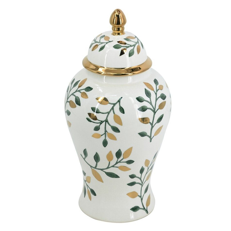 Ваза белая с крышкой с рисунком зеленых и золотых листьев 40 см Chinoiserie Ceramics Белый Зеленый Золотой Ваза белая с крышкой с рисунком зеленых и золотых листьев 40 см Chinoiserie Ceramics Белый Зеленый Золотой в Новосибирске | Loft Concept