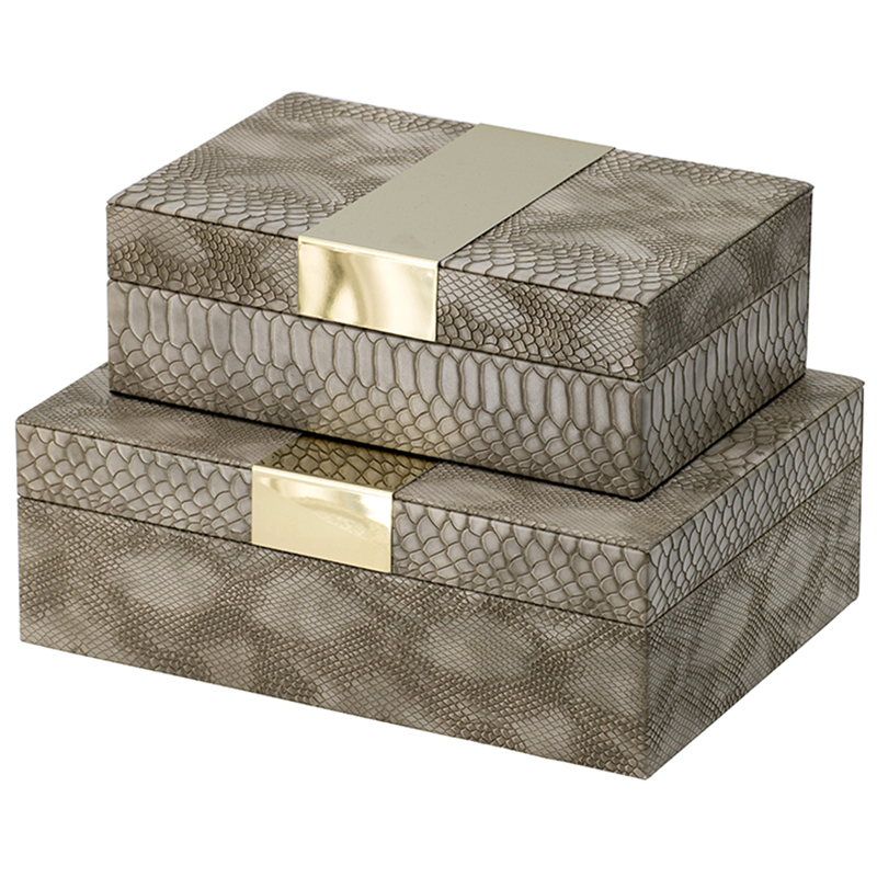 Комплект шкатулок Imitation Snakeskin Boxes Бежево-серый Глянцевое золото в Новосибирске | Loft Concept 