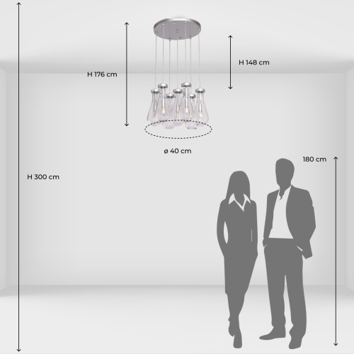 Люстра с 7-ю прозрачными плафонами из стекла в форме капли на круглом потолочном основании цвета хром Lucid Rain  в Новосибирске