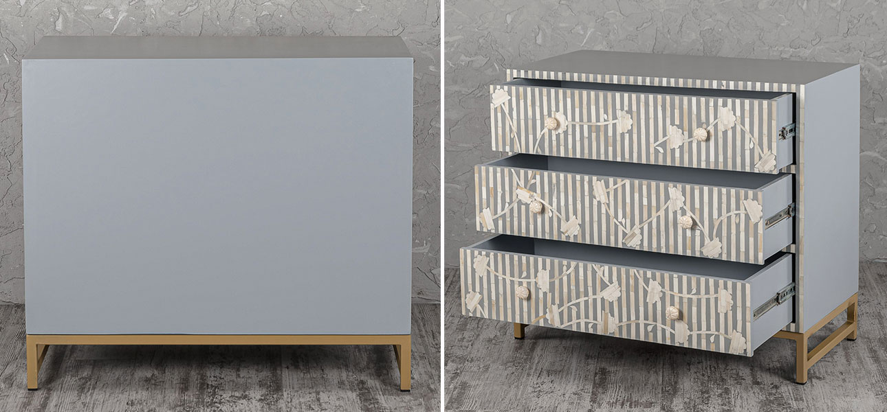 Комод белый инкрустация костью Gray Flowers - фото №1