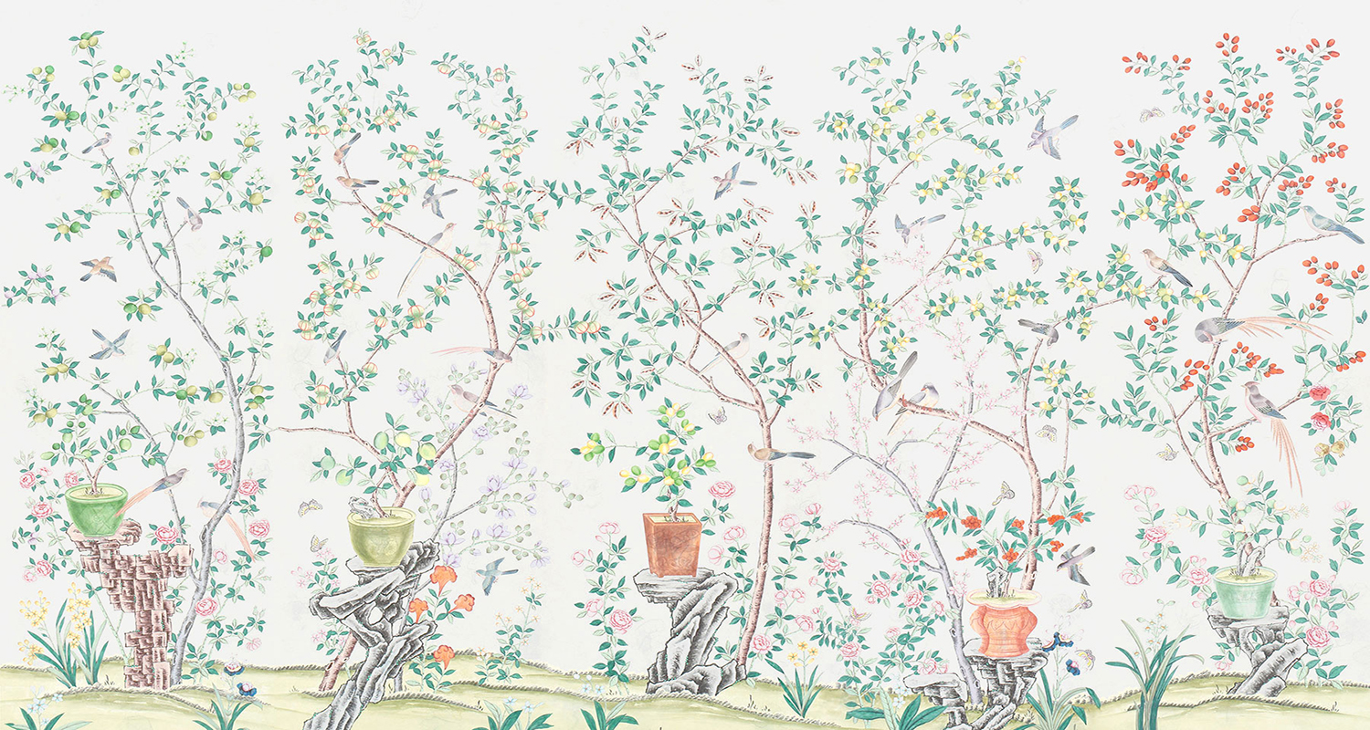 Обои ручная роспись Jardinieres & Citrus Trees Natural Mica - фото