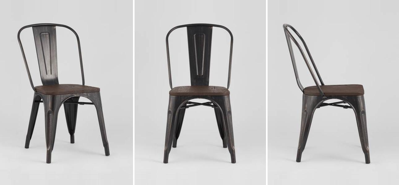 Стул Tolix Черный металл с Золотой Патиной Деревянное Сидение - фото