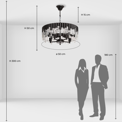 Люстра круглая из матового черного металла с подвесками из прозрачных стеклянных трубок Noir Tubes в Новосибирске