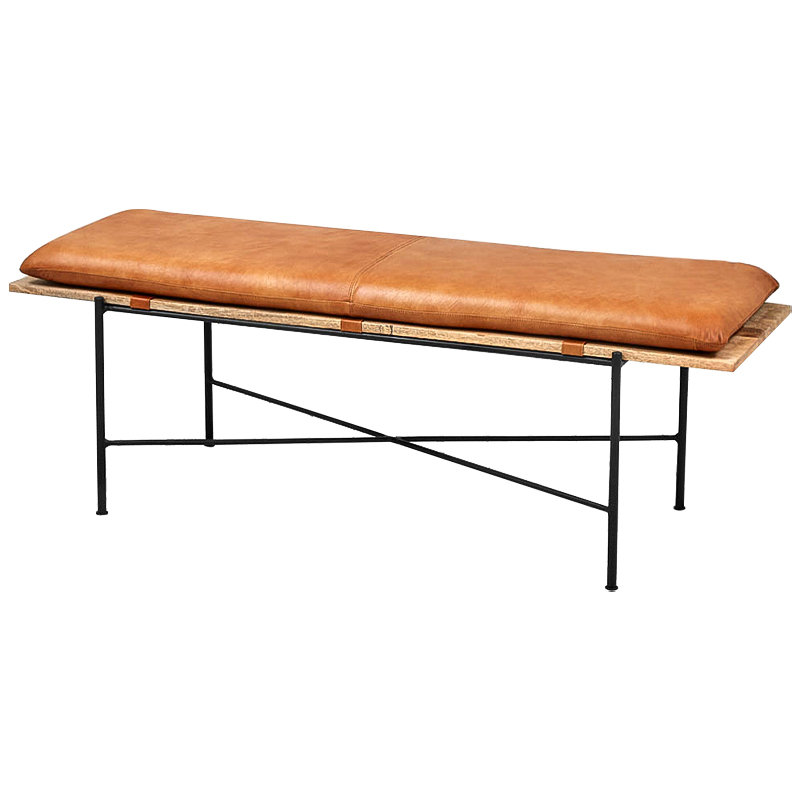 Банкетка Leather Metal Wood Bench Карамель Древесина Черный в Новосибирске | Loft Concept 