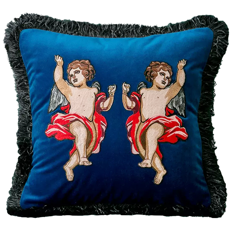 Декоративная подушка с вышивкой Стиль Gucci Angels Cushion Blue Синий Мульти в Новосибирске | Loft Concept 