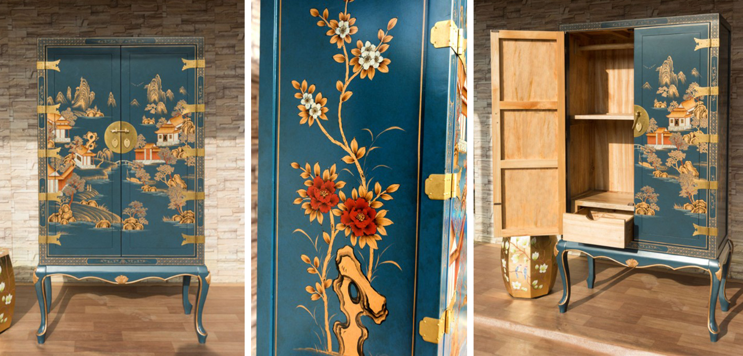Голубой Шкаф в Китайском стиле Chinese Village Cabinet - фото