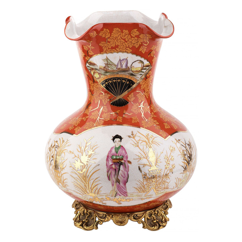 Ваза красного цвета с рисунком Chinoiserie Ceramics Белый Красный Бронза Ваза красного цвета с рисунком Chinoiserie Ceramics Белый Красный Бронза в Новосибирске | Loft Concept