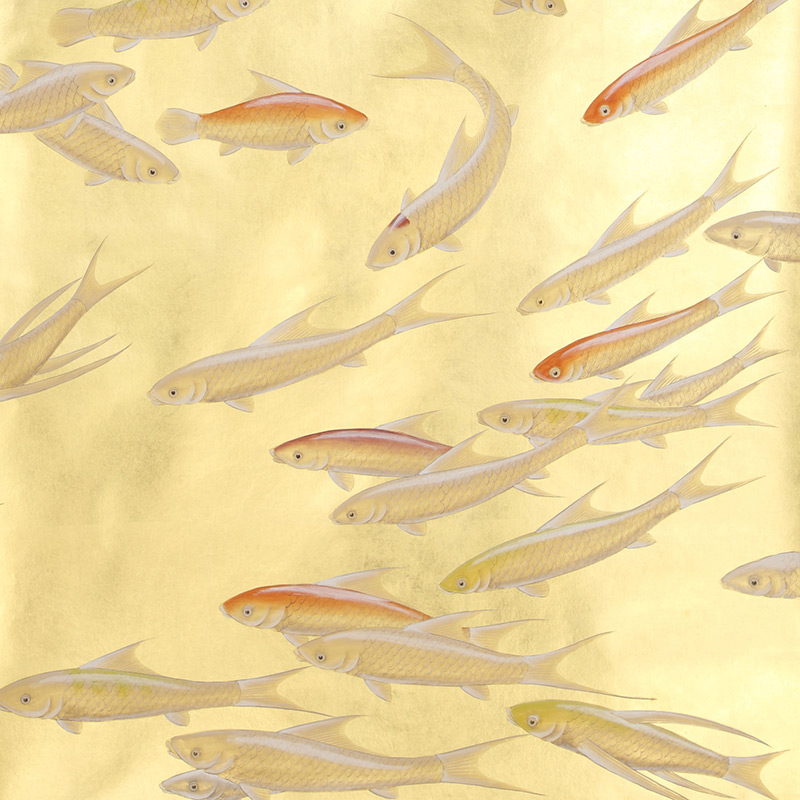 Обои ручная роспись Fishes Koi on Deep Rich Gold gilded paper  в Новосибирске | Loft Concept 