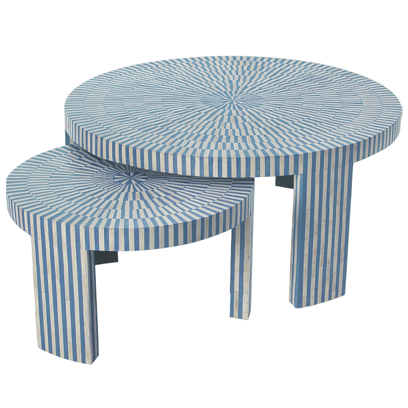 Комплект журнальных столов с инкрустацией Stripes Set of two tables blue Белый Голубой в Новосибирске | Loft Concept 