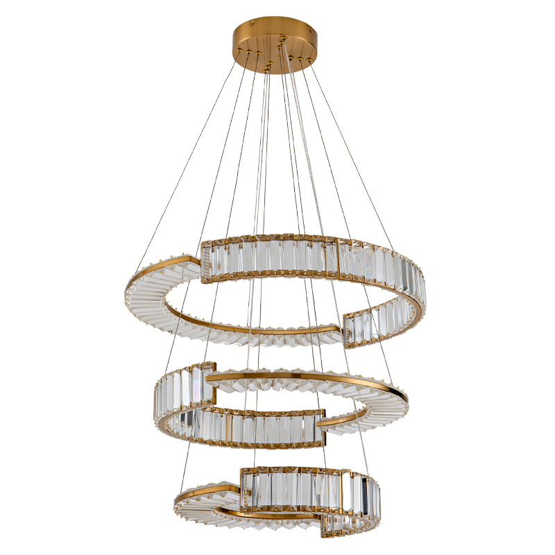 Светодиодная трехъярусная кольцевая люстра из хрусталя и стали с пультом для регулировки света Maude Crystal Light Латунь Прозрачный в Новосибирске | Loft Concept 