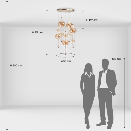 Люстра с плафонами из прозрачного и янтарного стекла в виде шаров и ромбов Gabriel Scott Luna в Новосибирске