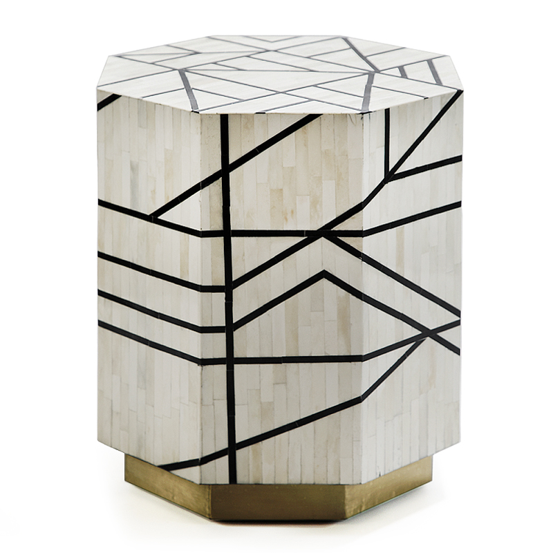 Приставной столик с инкрустацией Black and White Geometry bone bedside table ivory ( слоновая кость ) Черный в Новосибирске | Loft Concept 