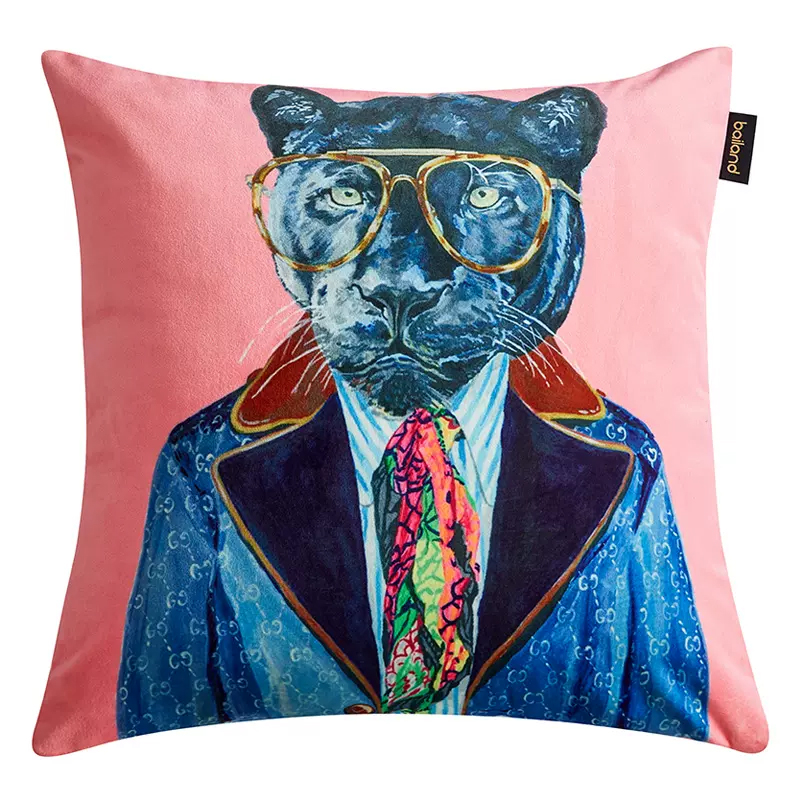 Декоративная подушка Стиль Gucci Panther Fashion Animals Cushion Pink Розовый Синий Мульти в Новосибирске | Loft Concept 