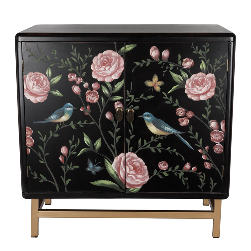 Комод с росписью птицы и цветы Black Chest Of Drawers Peonies Черный Черный Золотой Мульти в Новосибирске | Loft Concept 