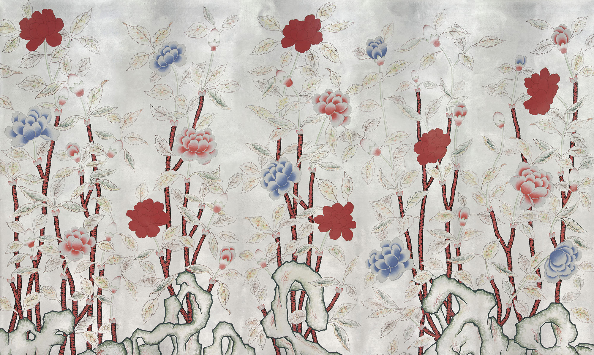 Обои ручная роспись Korean Peony Original colourway on Ocean Silver gilded silk with pearlescent antiquing Обои ручная роспись Korean Peony Original colourway on Ocean Silver gilded silk with pearlescent antiquing - постер Loft-Concept в Новосибирске
