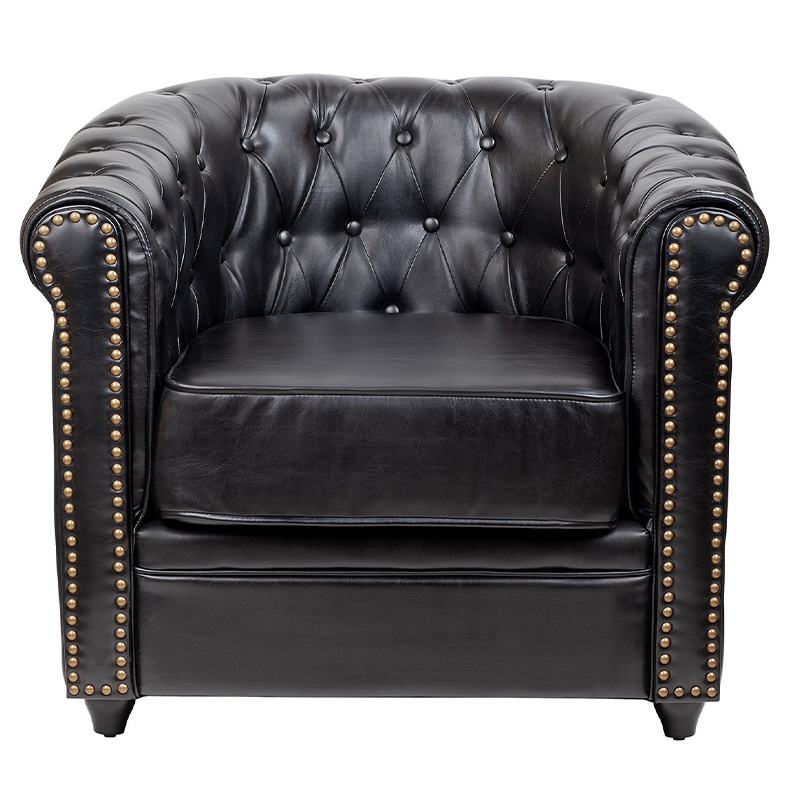 Кресло кожаное с мягкими подлокотниками на 4-х деревянных ножках Logan Leather Armchair black Черный в Новосибирске | Loft Concept 