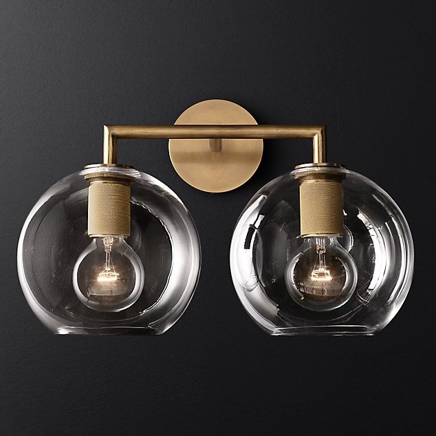 Бра RH Utilitaire Globe Shade Double Sconce Brass Прозрачное Стекло Латунь в Новосибирске | Loft Concept 