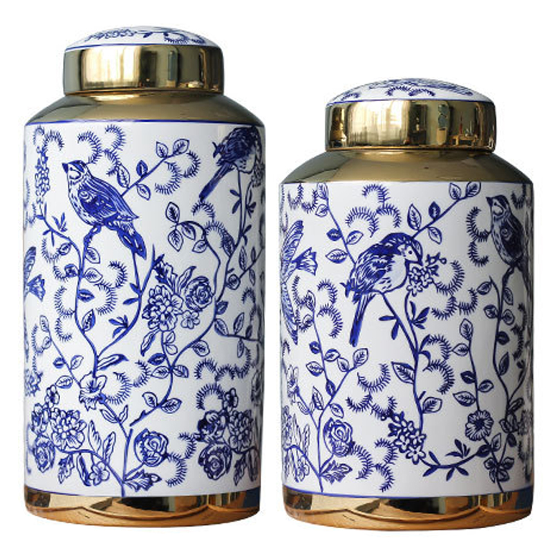 Вазы Ceramic Oriental Blue Ornament Birds Vases Синий Белый Золотой в Новосибирске | Loft Concept 