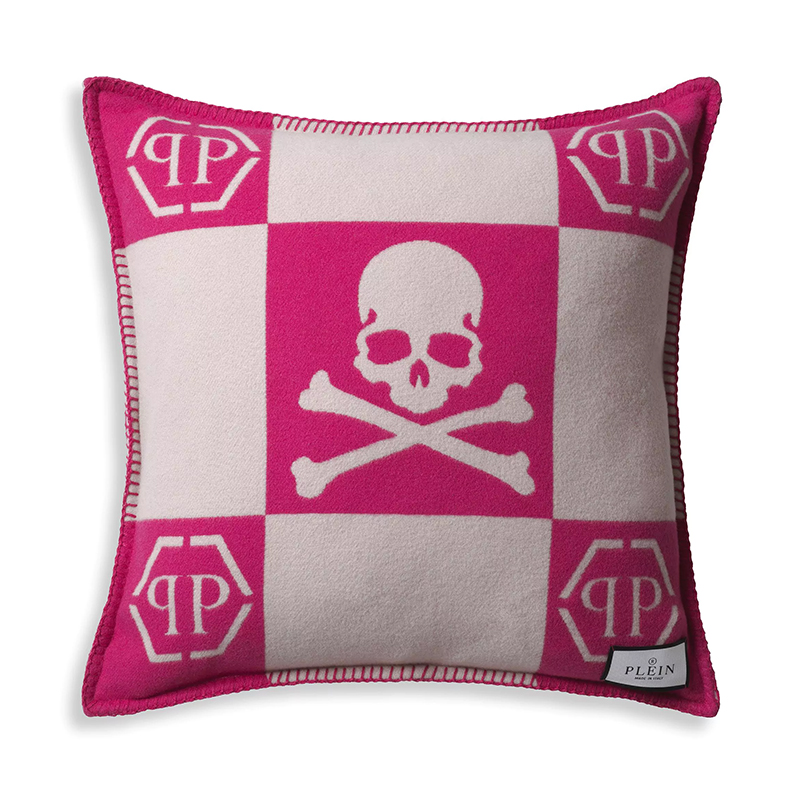 Подушка Philipp Plein Cushion Cashmere Skull 45 x 45 Pink Розовый Белый в Новосибирске | Loft Concept 