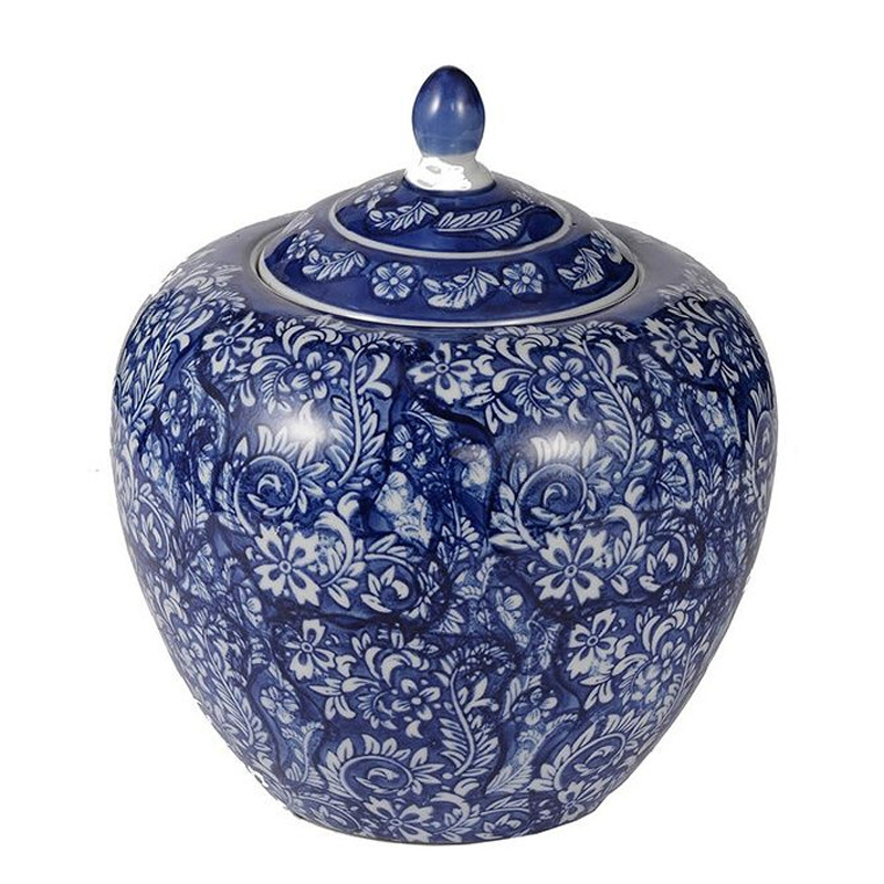 Ваза округлой формы с синей росписью и цветочным узором Blue & White Ornament Белый Синий Ваза округлой формы с синей росписью и цветочным узором Blue & White Ornament Белый Синий в Новосибирске | Loft Concept