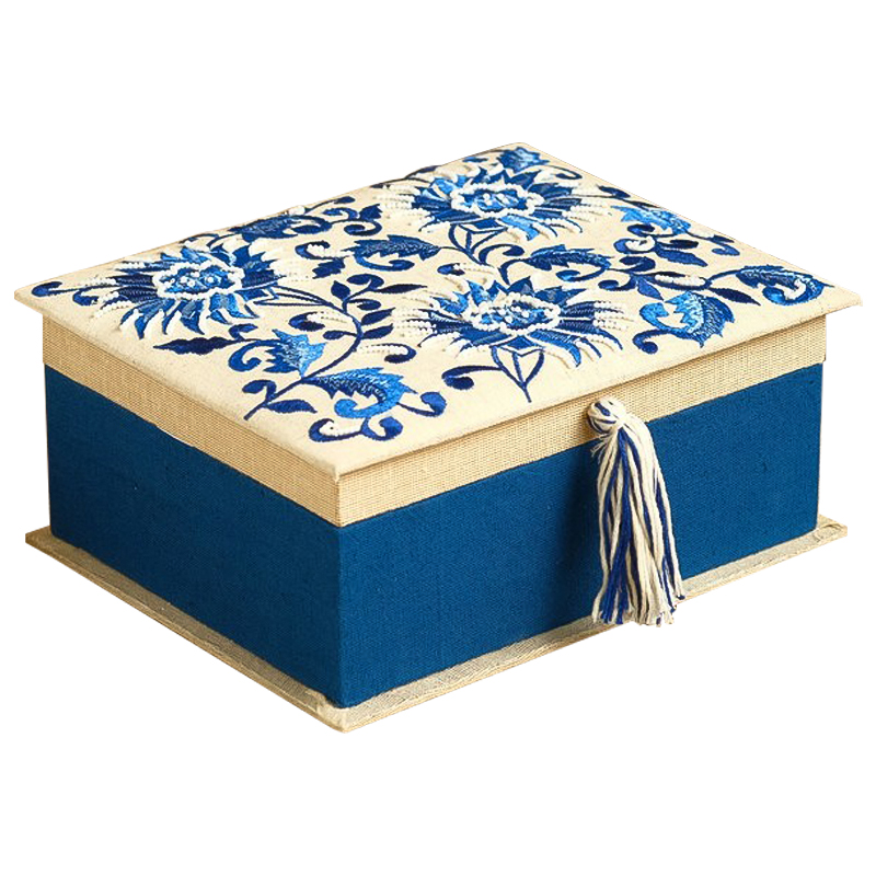 Шкатулка с вышивкой Blue Flowers Beads Embroidery Box Бежевый Синий Голубой в Новосибирске | Loft Concept 