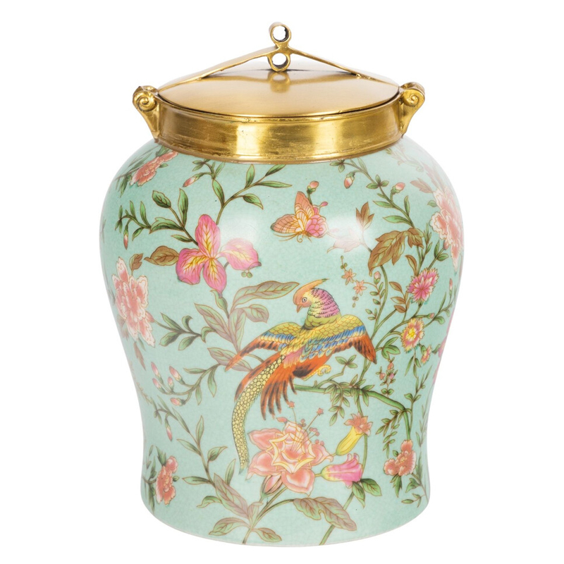 Ваза округлой формы из фарфора с рисунком и бронзовой крышкой Turquoise Blooming Garden Мульти Бронза Бирюзовый Ваза округлой формы из фарфора с рисунком и бронзовой крышкой Turquoise Blooming Garden Мульти Бронза Бирюзовый в Новосибирске | Loft Concept