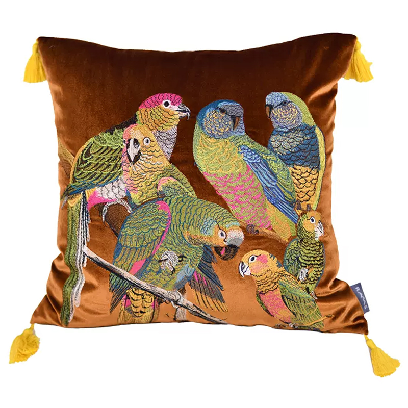 Декоративная подушка с вышивкой Embroidery Parrots Pillow Brown Коричневый Мульти в Новосибирске | Loft Concept 