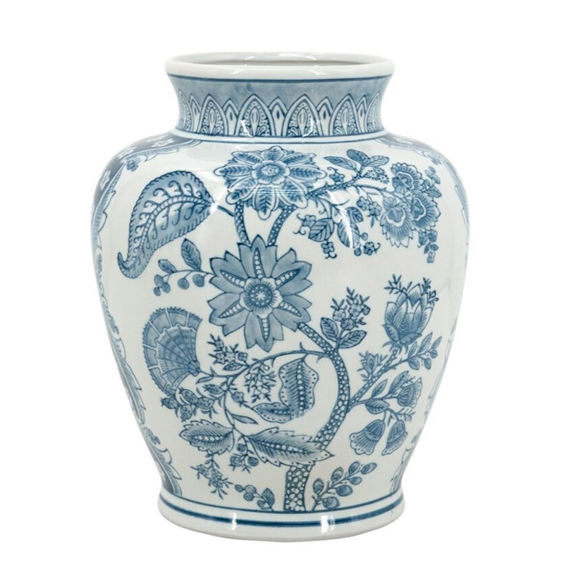 Ваза округлой формы белого цвета с синим растительным узором Blue & White Ornament Белый Синий Ваза округлой формы белого цвета с синим растительным узором Blue & White Ornament Белый Синий в Новосибирске | Loft Concept